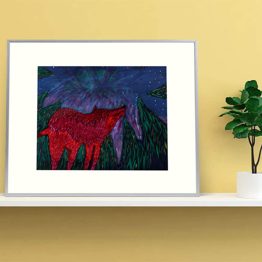 Wolf and Aurora Borialis painting printed on archival fine art textured paper | Available framed or unframed for home and office